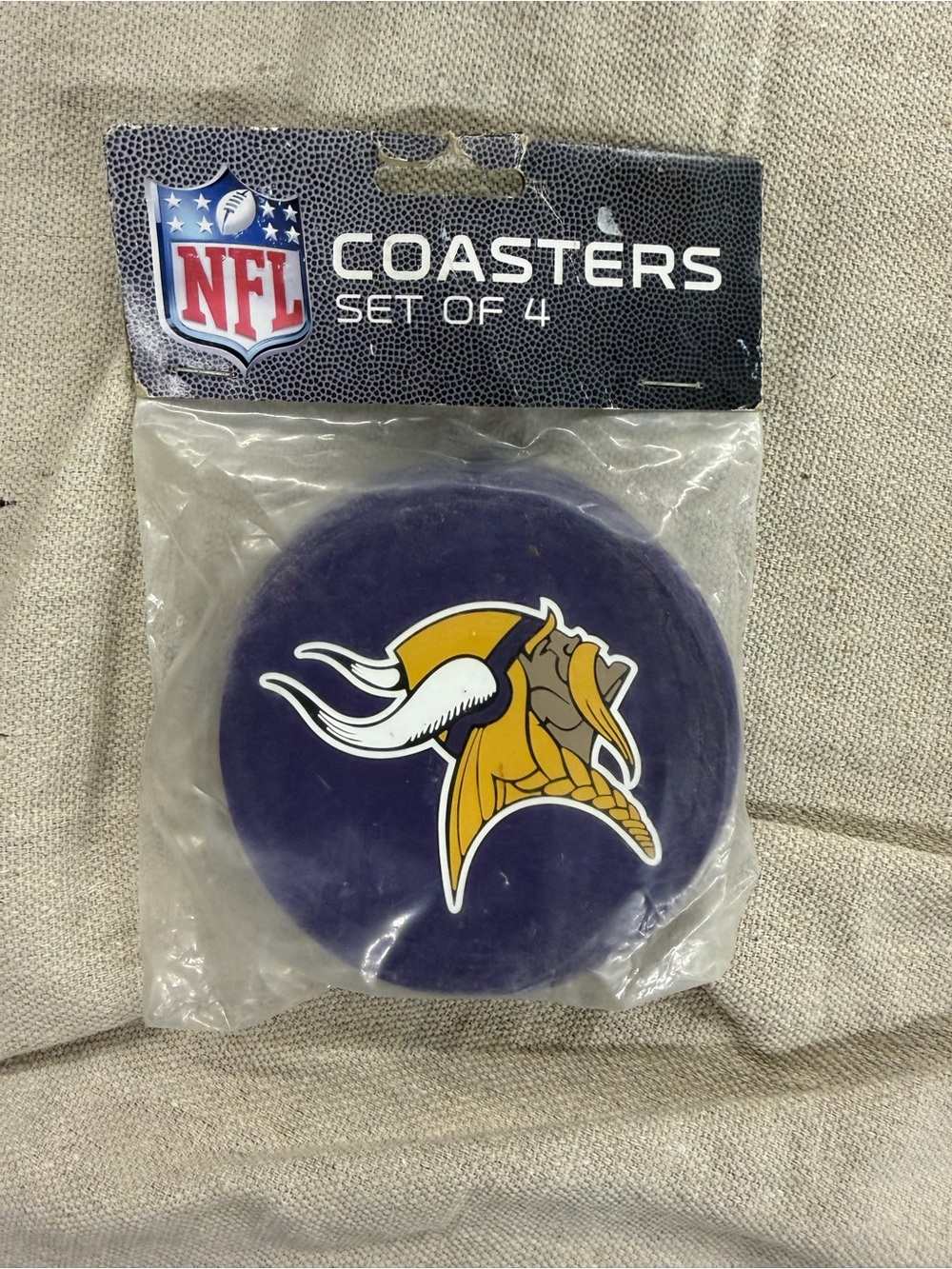 NFL Minnesota Vikings Round Vinyl Coaster Set of 4 - Purple & Gold Team Logo